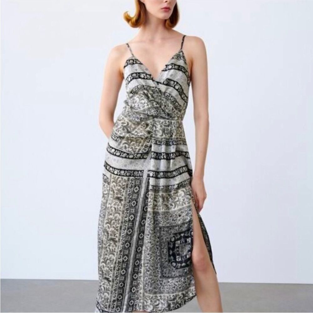 ZARA | Scarf Print Black & White Wrap Style Midi Dress Women’s Size Small
